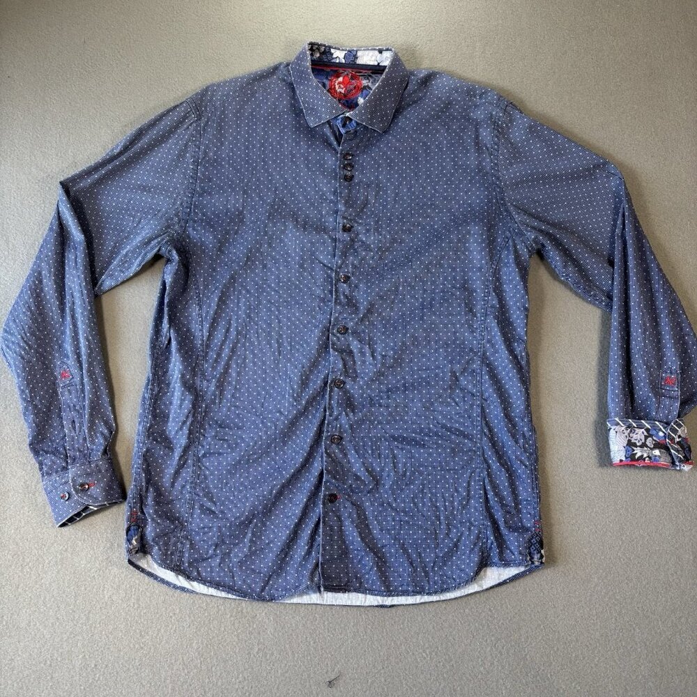 Au Noir Mens Button Up Shirt Size 4 Blue Polka‎ Dot Flip Cuff Going Out Faded